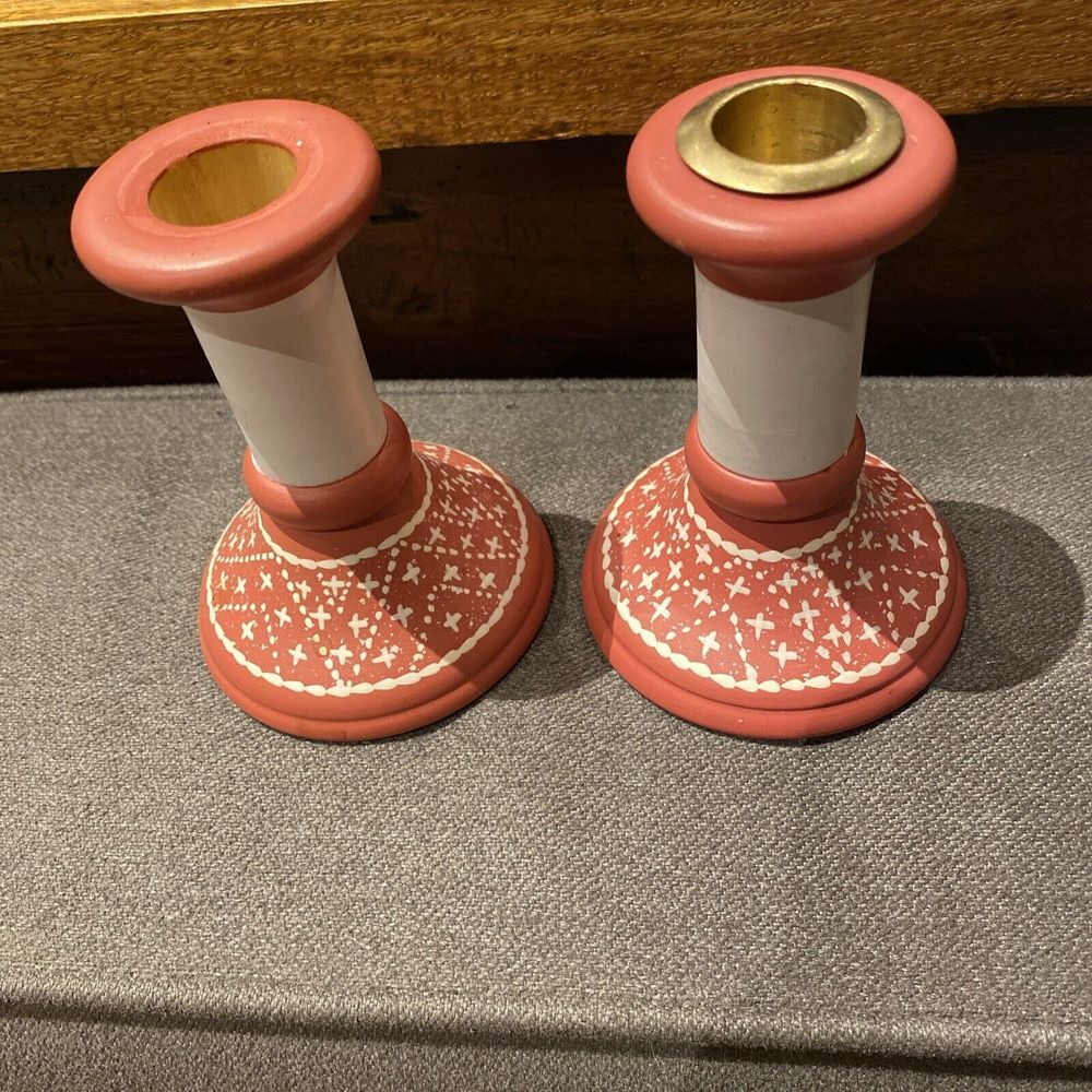 Dansk Nordic Knits Red Set Of 2 Wooden Candle Holders‎